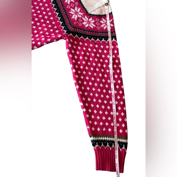 Vtg Lands End Nordic Fair Isle Red Snowflake Quarter Zip Sweater Cotton & Wool - Picture 6 of 10